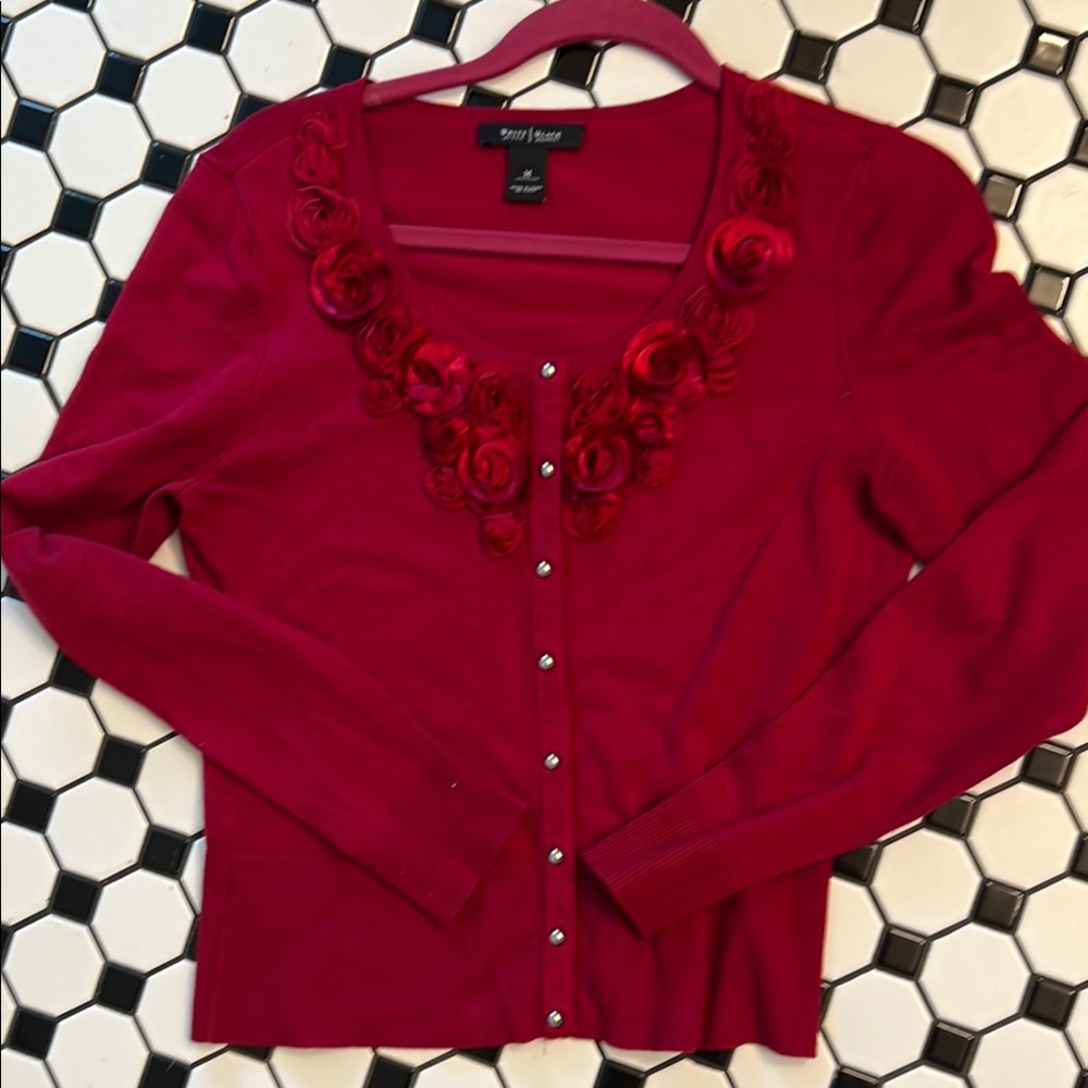 White House Black Market Red Cardigan with Floral Accents